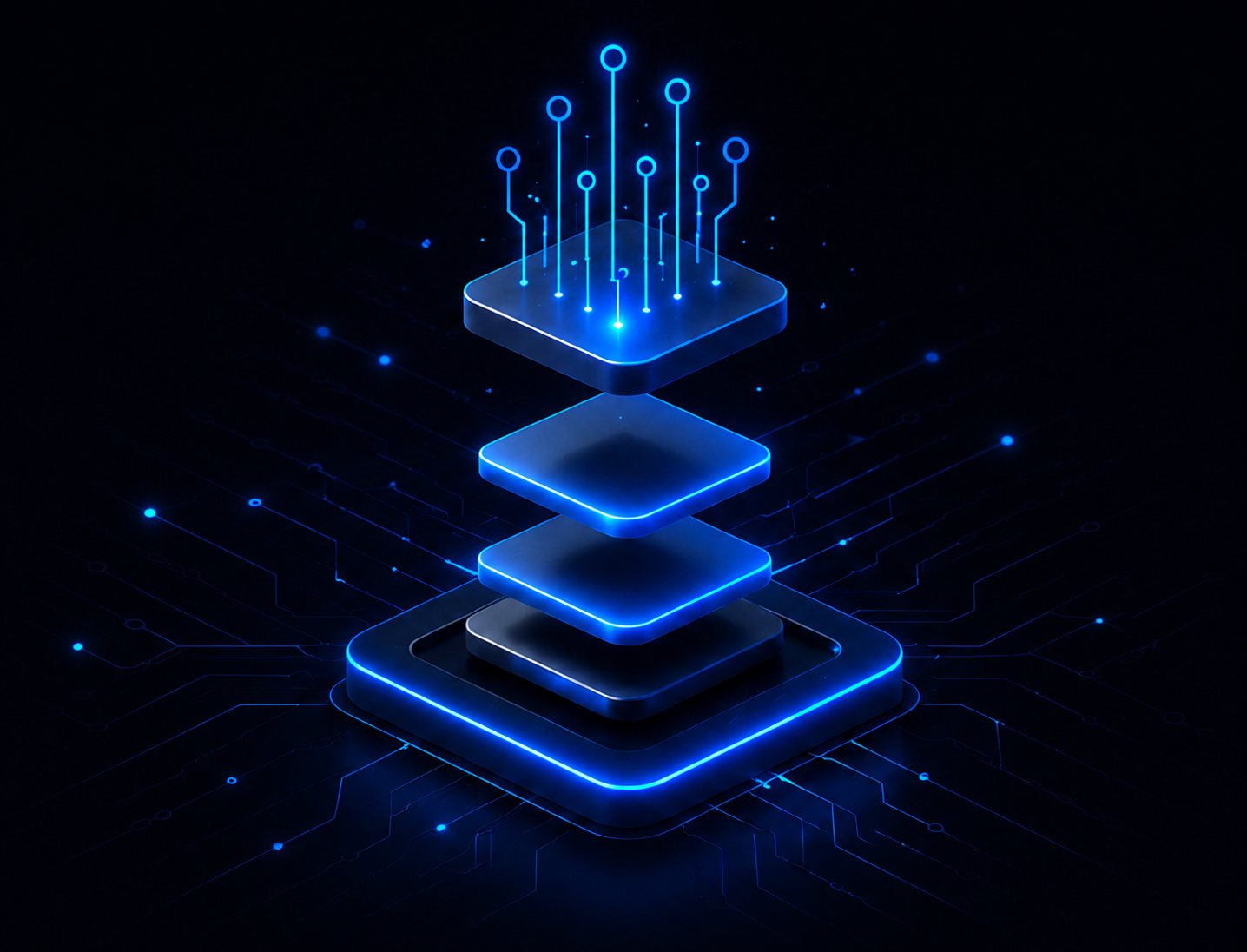 DATANOVA stacked microchip — data layers assembling into intelligence